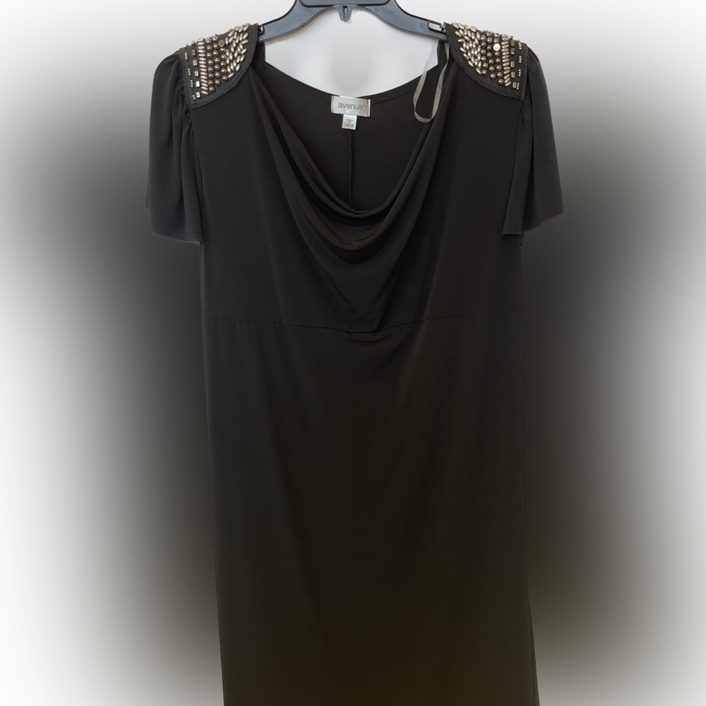 Avenue Black Dress Cowl Neck Beaded Shoulders pad sz 14/16